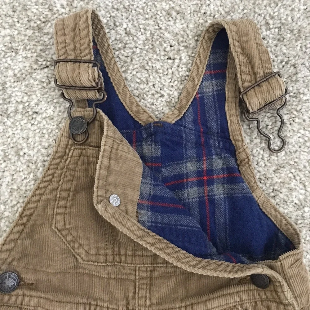 Oshkosh B'gosh Corduroy Vestbak Bib Overalls Flannel Lined Baby 9M Tan Snap Legs